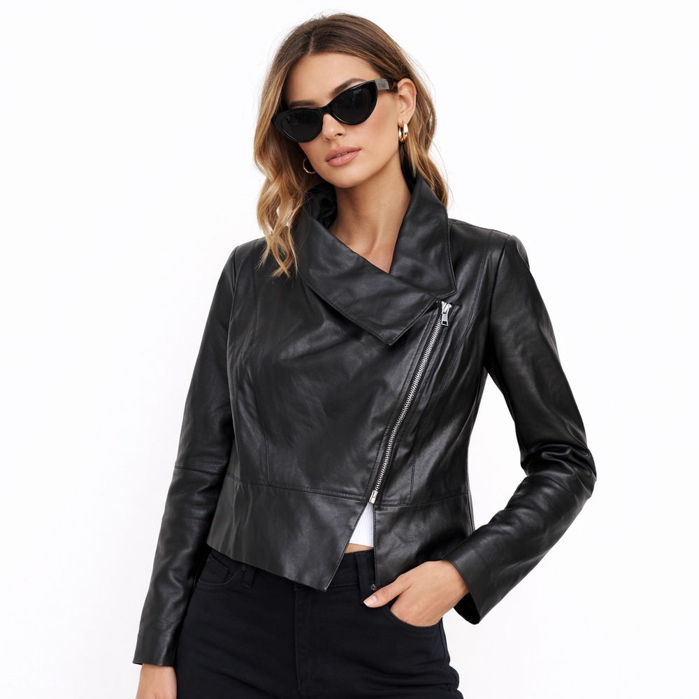 Lafayette 148 NY 100% Leather Moto Jacket Black Size 8 Medium Luxury Designer